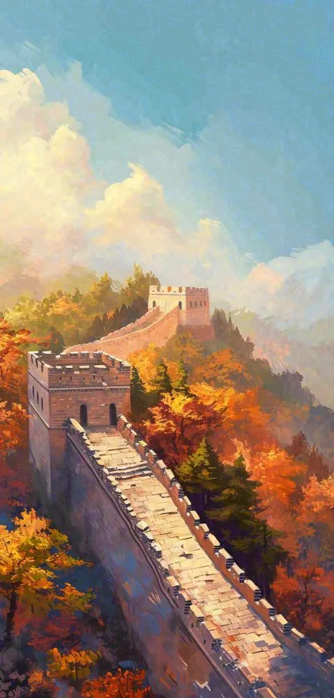中国风长城雄伟建筑户外手绘插画(752x1568)