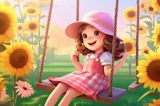 儿童女孩荡秋千向日葵背景