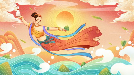 复古中国风国潮神话人物敦煌插画仙女手绘海报背景PSD设计素材