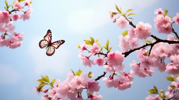 粉色樱花树枝飞舞的蝴蝶摄影图