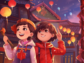 新年喜庆儿童上街玩耍灯笼烟花卡通插画