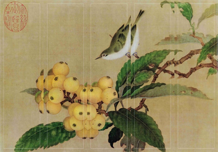 古风  屏风 背景墙画 复古 墙 枇杷 