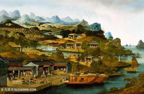 古代江边集市贸易场景绘画图片