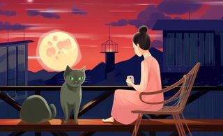 夜晚窗边赏月人物插画背景