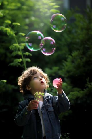 小孩吹泡泡玩耍绿叶背景