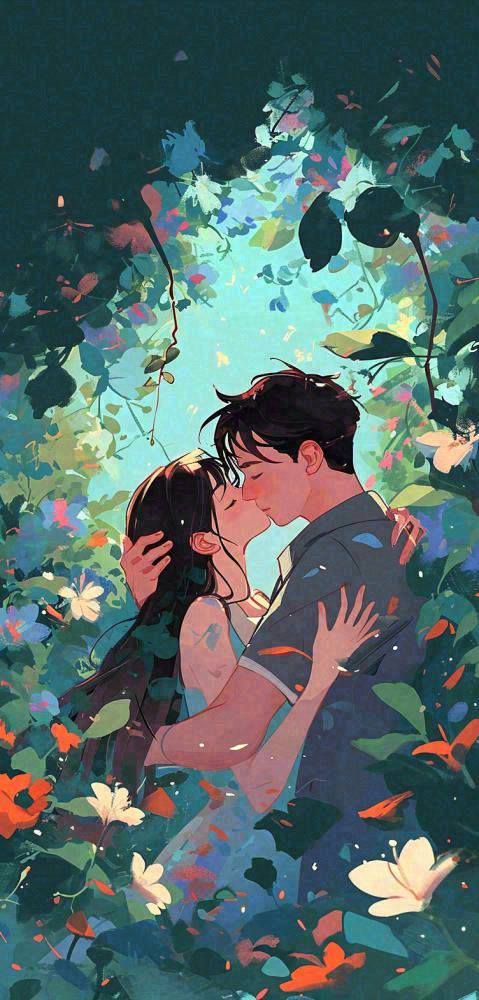 森林花丛里情侣拥抱亲吻爱情手绘插画，情人节(752x1568)