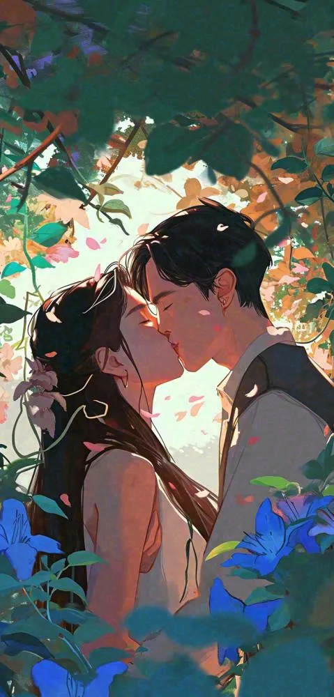 森林花丛里情侣拥抱亲吻爱情手绘插画，情人节(752x1568)