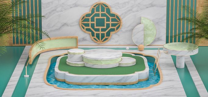 中国风国潮电商促销海报C4D背景图3D场景立体设计PSD素材模板