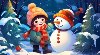 圣诞节雪人小孩圣诞老人卡通插画素材背景