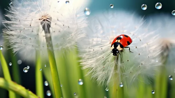 清晨瓢虫蒲公英嫩草叶上露珠摄影图