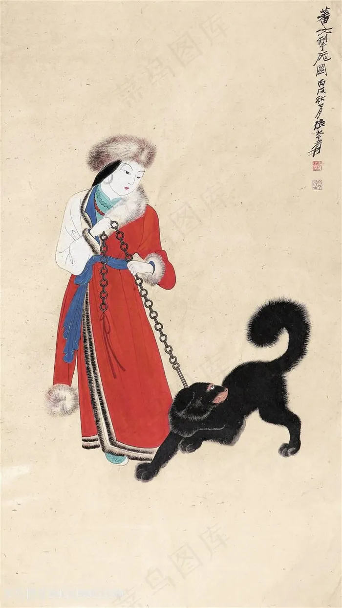 蒙古女人与狗装饰画