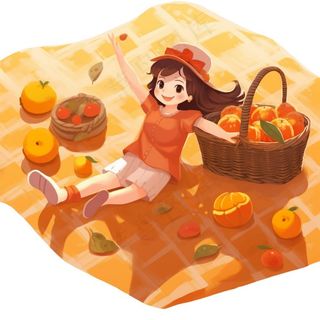 秋日野餐户外活动少女欢乐橙色卡通插画免抠