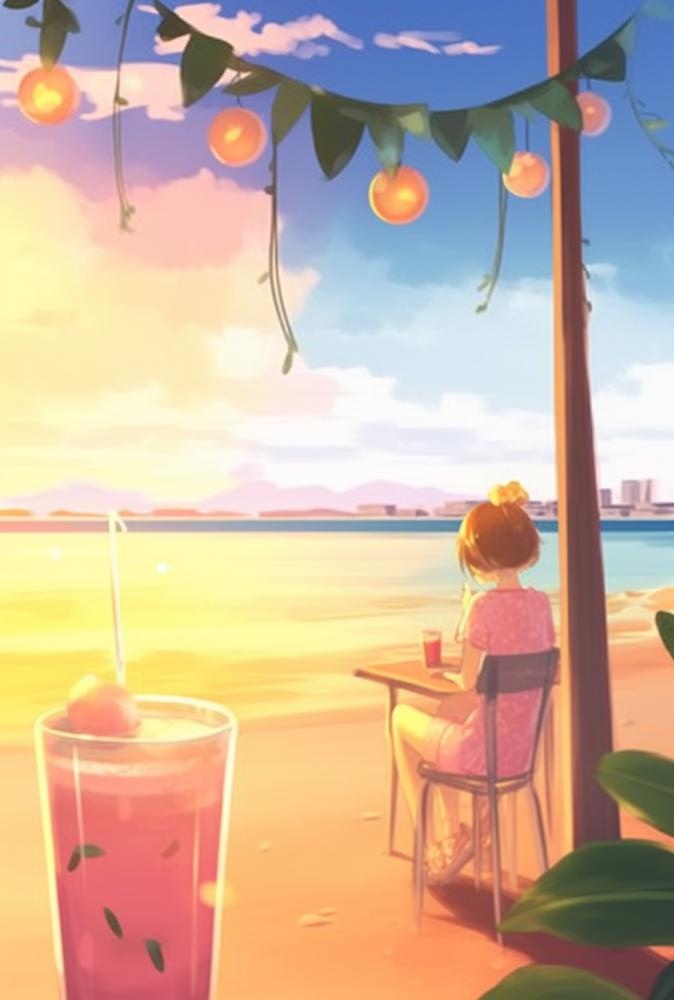 夏日沙滩饮料天空插画背景(896x1328)