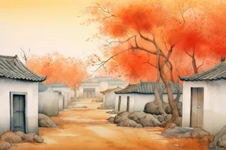 秋季胡同里古代建筑庭院水彩画水墨画素材