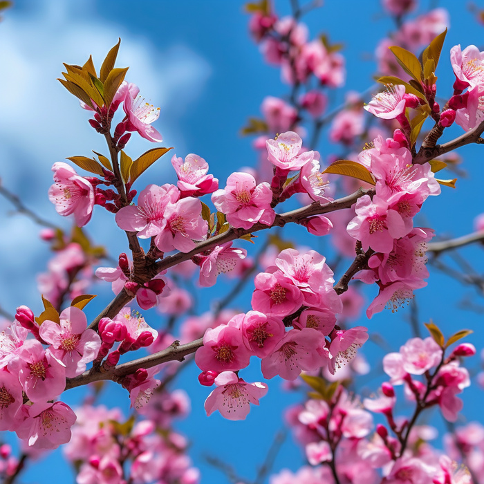 蓝天映衬着粉红色花朵的树枝的图片浪漫主义樱花树摄影图