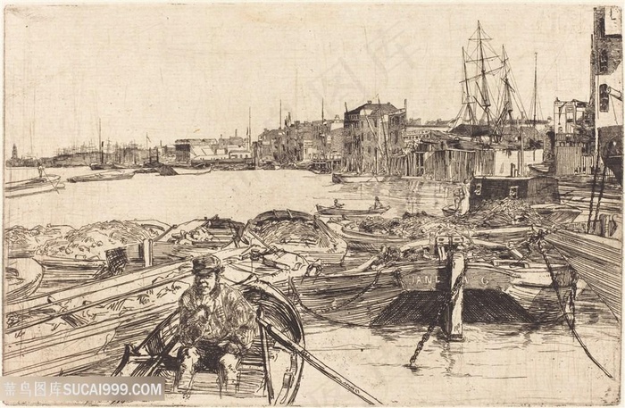 惠斯勒素描港口美景