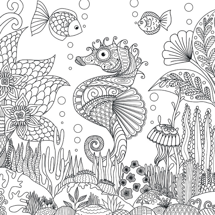 海底世界卡通手绘黑白线描线稿eps,ai矢量模版下载