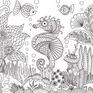 海底世界卡通手绘黑白线描线稿 海底世界卡通手绘黑白线描线稿