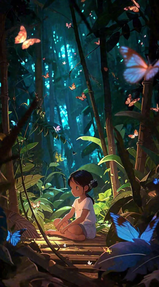 森林意境儿童少女灯光蝴蝶手绘插画，丛林树木(816x1472)