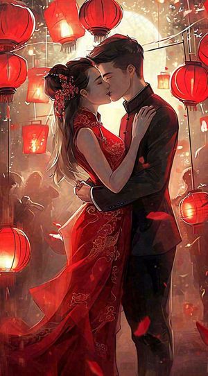 中国风情人节古风情侣拥抱亲吻爱情，七夕节