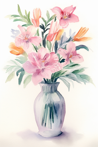 花瓶花束鲜花水彩画插画