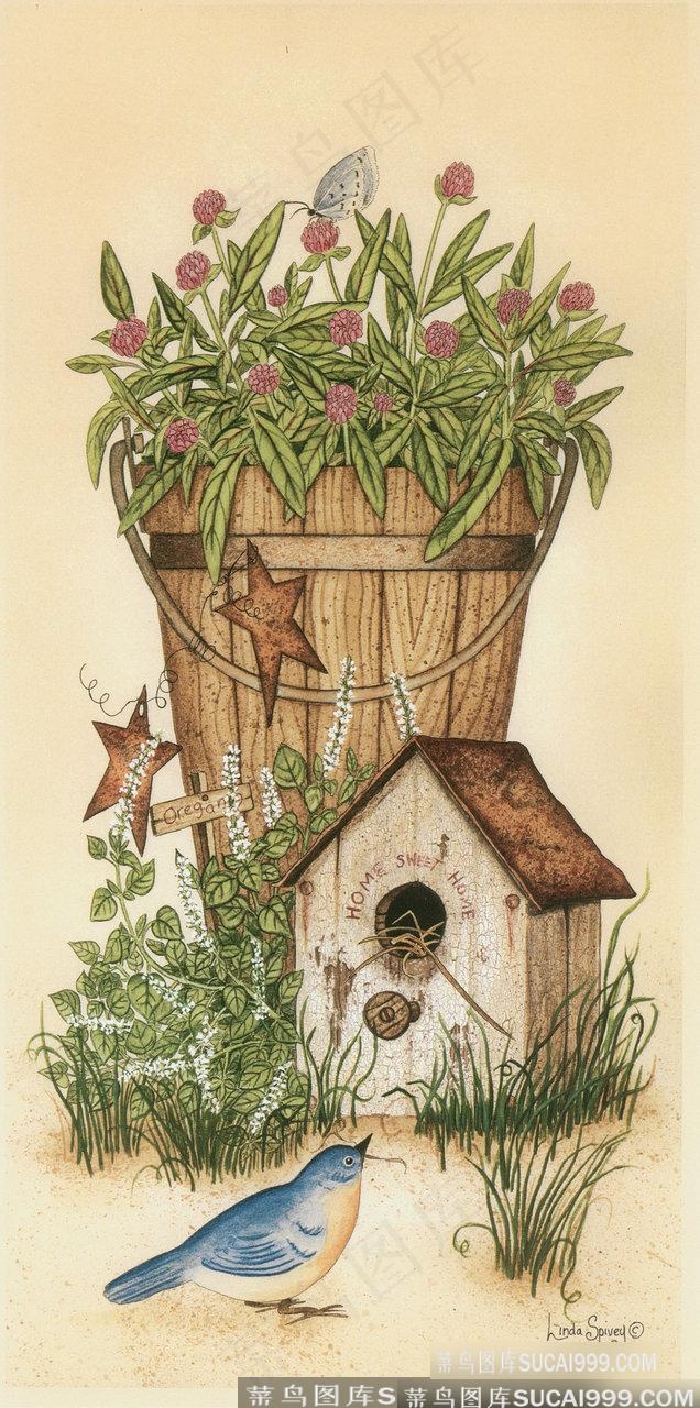 唯美花卉木桶鸟窝油画