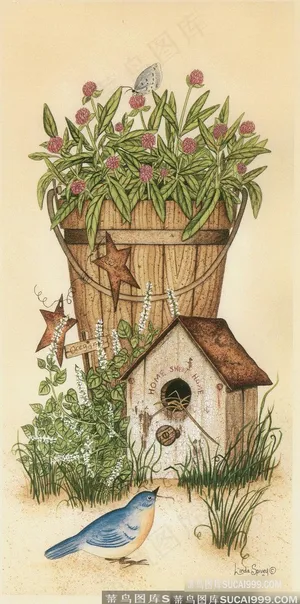 唯美花卉木桶鸟窝油画