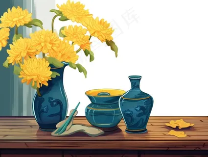 重阳黄色菊花花瓶饮茶插画免抠