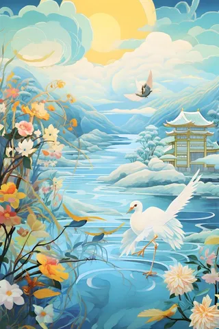 国潮建筑蓝色插画背景