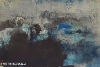 张大千手绘水墨背景装饰画