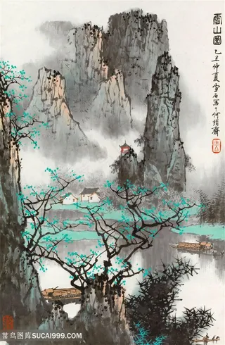 白雪石水墨巍峨山脉风景画装饰画