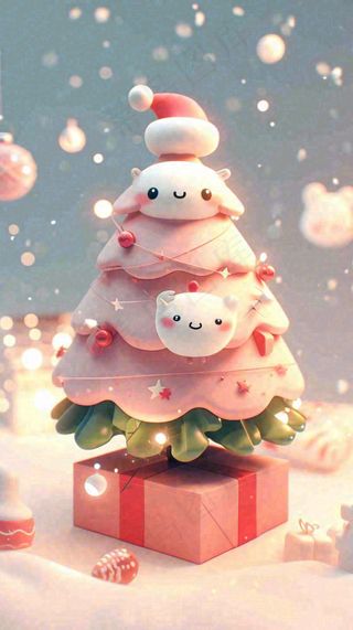 冬天圣诞树有小猫可爱，雪球雪花圣诞节