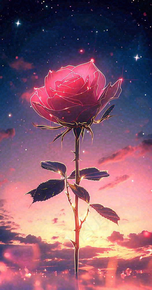 海平面上渐变落日前的一支粉色玫瑰花鲜花花朵，鲜艳爱情(800x1520)