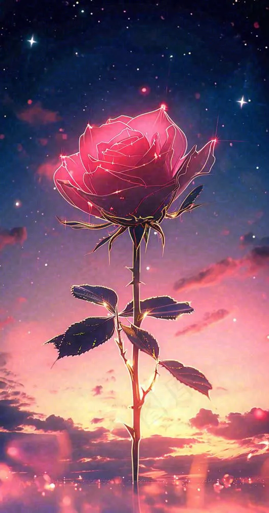 海平面上渐变落日前的一支粉色玫瑰花鲜花花朵，鲜艳爱情(800x1520)