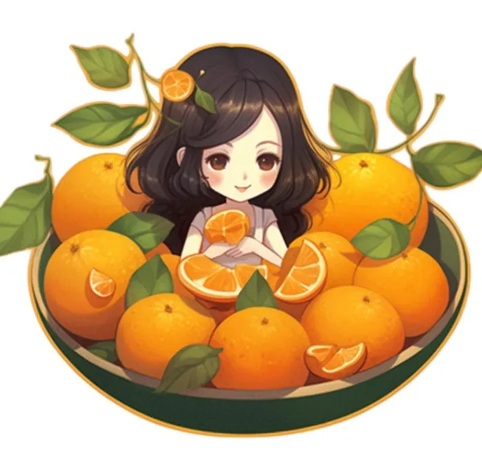 在橙子盘子里的女孩插画免抠(1056x1024)