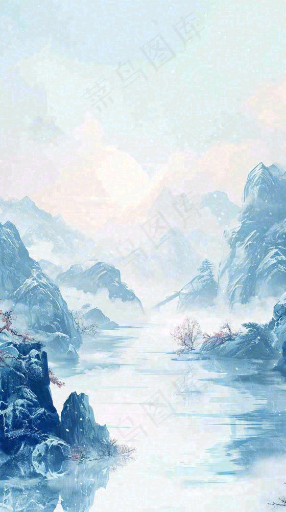 中国风山雾云海山脉意境山水画(816x1456)