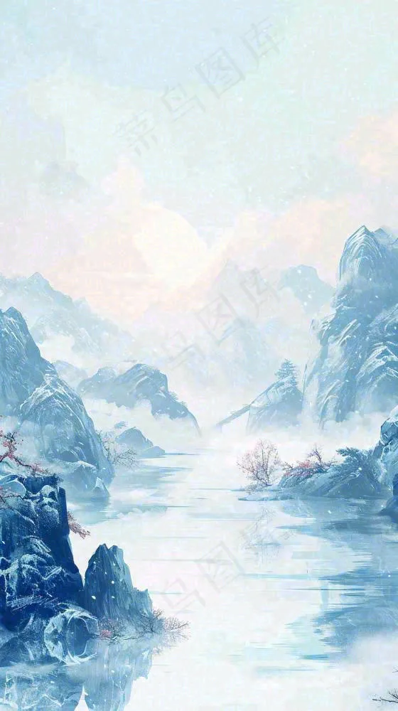 中国风山雾云海山脉意境山水画(816x1456)