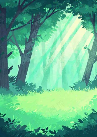 春意盎然的树林里阳光洒下绿草茵茵的水彩画