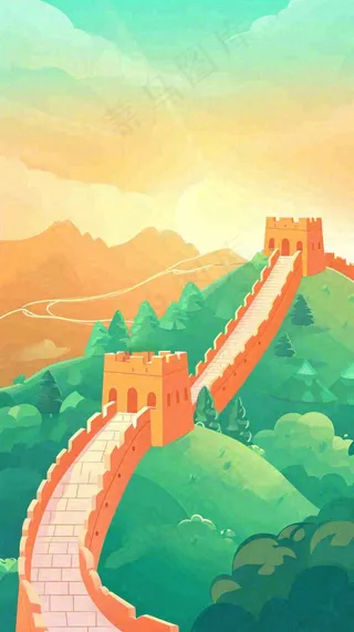 万里长城中国历史建筑扁平插画手绘，简约大气中国风