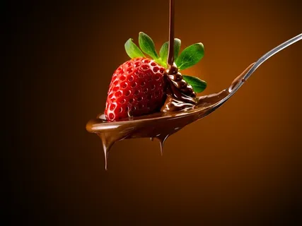 放在倒满巧克力酱勺子里的草莓高清摄影图片素材