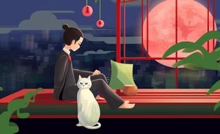 夜晚窗边赏月人物插画背景