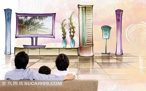 精美手绘客厅插画一家三口合成艺术