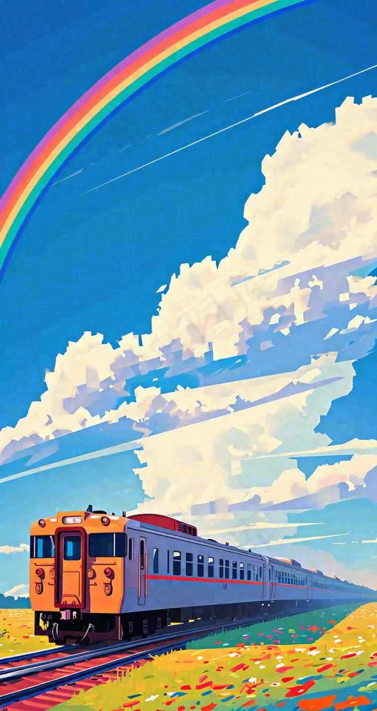 蓝天白云户外铁路草地彩虹手绘，色彩缤纷(800x1504)