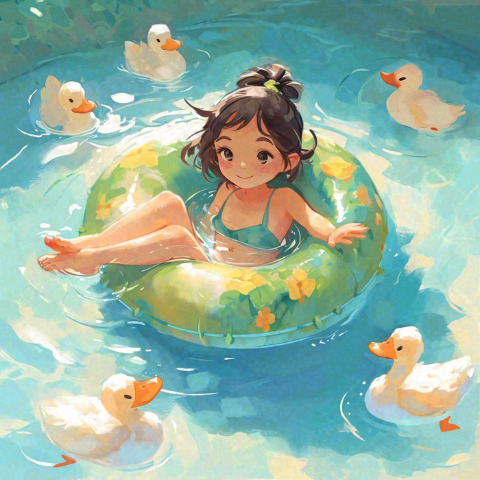 泳池游泳戏水池塘鸭子动物玩乐，阳光夏天暑期(1024x1024)