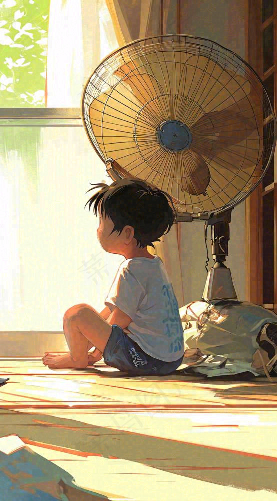 儿童在家吹风扇，夏天炎热清爽手绘插画，夏至小暑暑期(816x1472)