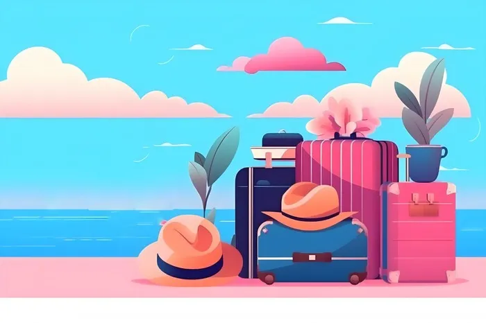 行李箱旅行蓝色天空背景(3600x2400)