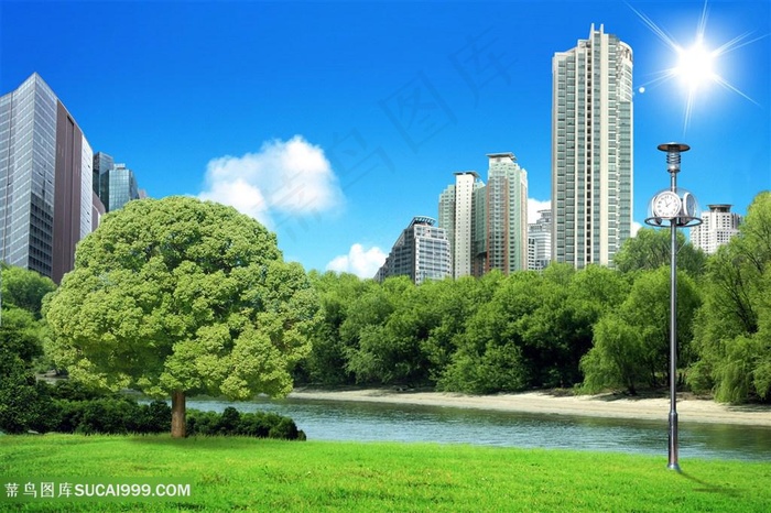 湖畔建筑高楼风景画韩式自然背景