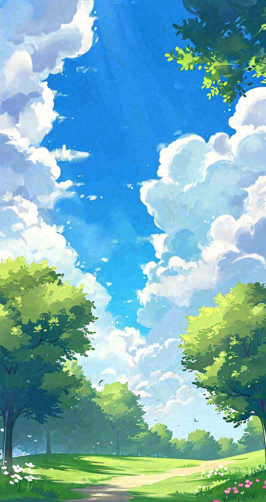蓝天白云小花绿树树木草地插画手绘，春天春分