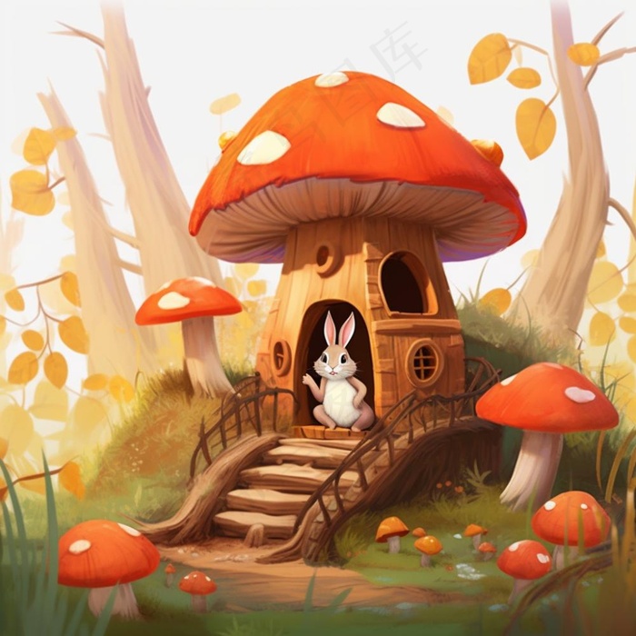蘑菇屋里小白兔家园卡通插画素材