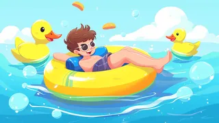 炎热夏日男孩坐着小黄鸭游泳圈在海里玩耍卡通插画